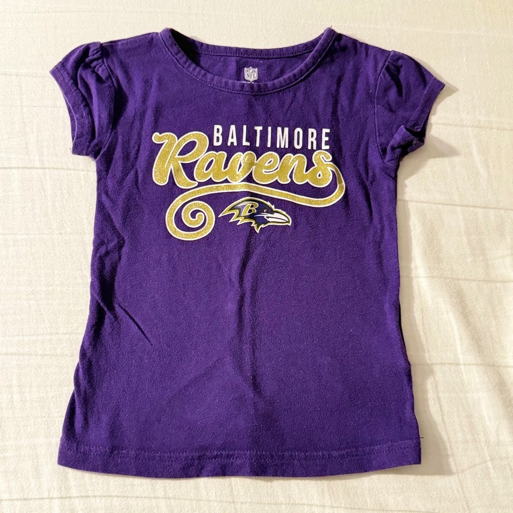 NFL Team Apparel Baltimore Ravens Toddler Girls Purple Glitter T-Shirt Size 2T
